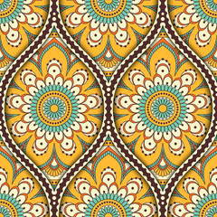 Seamless pattern with ethnic mandala ornament. Hand drawn illustration