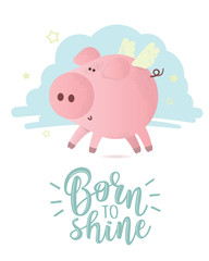 Cute vector pink pig with 