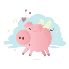 Cute vector pink pig with hearts