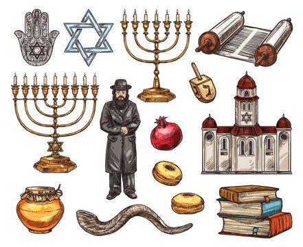 Judaism religion symbols, isolated vector sketch
