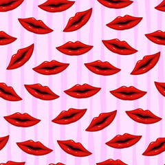 Seamless pattern red lips on striped background