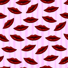 Seamless pattern red lips on striped background