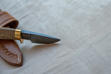 A fixed blade knife displayed with its leather sheath. A bokeh background was captured.