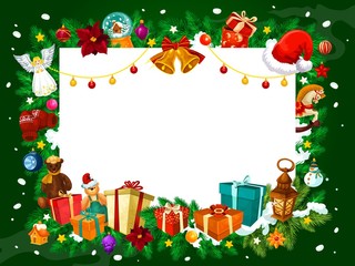 Christmas frame of gifts and tree decorations