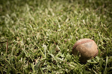 Old, Well-Used Baseball in Grass, Room for Text