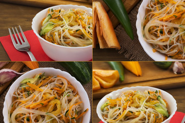 Collage of photos of salad with rice noodles, cucumber, carrot and pepper.
