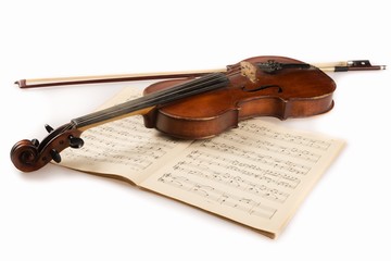 Violin with Bow and Sheet Music, Isolated in White