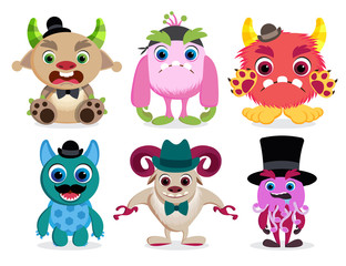Monster characters vector set. Cute and colorful cartoon monster beast creatures with funny faces isolated in white. Vector illustration.
