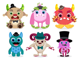 Monster characters vector set. Cute and colorful cartoon monster beast creatures with funny faces isolated in white. Vector illustration.   © AmazeinDesign