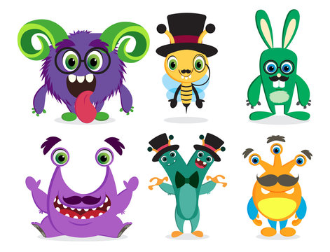Monsters vector characters set. Cute cartoon mascot beasts with funny faces isolated in white for design elements. Vector illustration.

