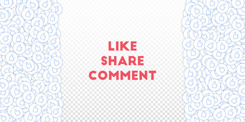 Social media icons. Transparent grid concept. Falling scattered thumbs up. Right left border element