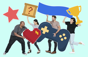 Playful diverse people holding gaming icons