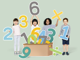 School kids learning mathematics with numbers