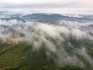 Aerial view of nature scenery. An aerial shot of hill with cloudy and misty background.