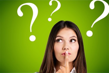 Question woman apron attractive beautiful beauty blue background