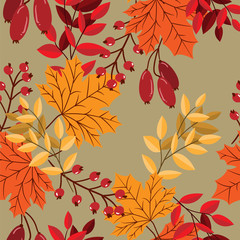 Vector floral seamless pattern with autumn leaves and berries.