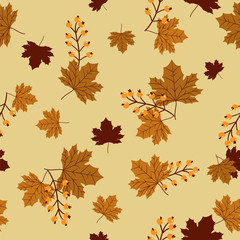 Seamless pattern of autumn leaves and berry branches on yellow background. Vector illustration. © NiiNew