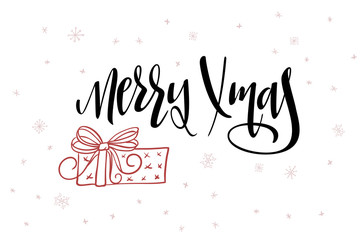 vector hand lettering greeting merry xmas text with doodle gift and snowflakes