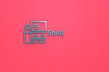3D illustration of Study, blue color and blue text with red background.
