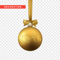 Xmas balls gold color. Christmas bauble decoration elements. Object isolated a background with transparency effect