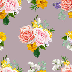flowers seamless pattern ,roses and yellow cosmos