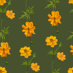 Yellow cosmos flowers seamless pattern