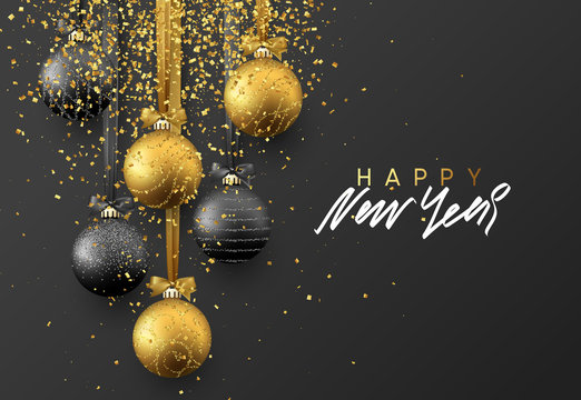 Happy New Year. Christmas greeting card, design of xmas balls with golden glitter confetti on dark background.