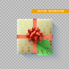 Gift box with bow and ribbon isolated on transparent background. Flat top view.