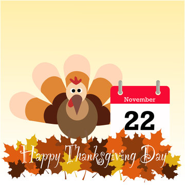 Vector flat design of Happy Thanksgiving Day with calendar and turkey chicken cartoon on beautiful maple leaves background in autumn.