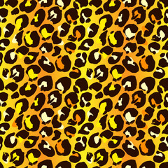 Vector illustration leopard print seamless pattern. Yellow and orange hand drawn background.