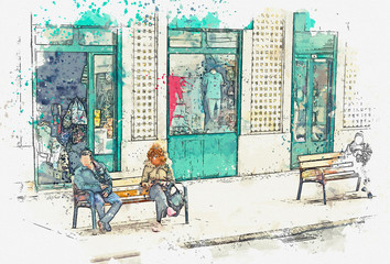 A watercolor sketch or an illustration. People sit on the benches at the bus stop with phones. Everyday city life. Lisbon, Portugal.