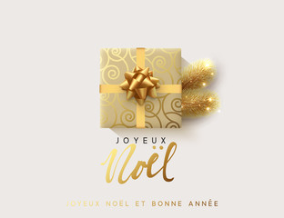 Fototapeta na wymiar French text Joyeux Noel. Vector illustration letttering Merry Christmas, gift box closed wrapped ribbon with bow. Xmas greeting card, banner, poster.