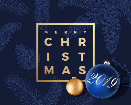 Merry Christmas Abstract Vector Greeting Card, Poster Or Holiday Background. Classy Blue And Gold Colors, Glitter And Modern Typography. Xmas Balls With Soft Shadows And Sketch Pattern