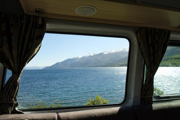 The view through the window of a campervan