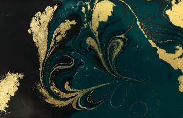 Fotobehang Gouden marmering textuur ontwerp. Blauw en gouden marmeren patroon. Vloeiende kunst. © anya babii
