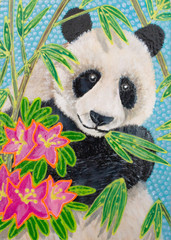 Painding, panda in bamboo with flowers