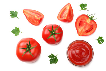 slice of tomato with parsley and glass bowl of ketchup isolated on white background. top view