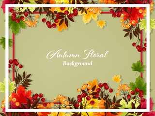 Autumn floral background of frame with maple leaves and berry branches on a light green background for your copy space. Vector illustration.