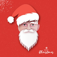 Santa Claus hat and beard in paper cut style. Origami Merry Christmas and Happy New Year Greetings card. Winter holidays. Red