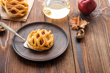 Homemade Apple pie or tart on autumn background. Autumn concept. Copy space.