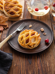 Homemade Apple pie or tart on autumn background. Autumn concept. Copy space.