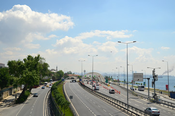 ISTANBUL, TURKEY - MAY 13 2018: Road scenery on a highway in Instanbul, Turkey. Top view.