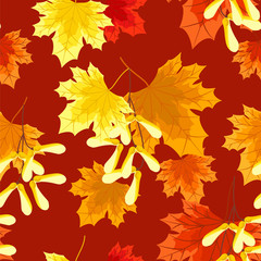 Seamless pattern of yellow seeds decorated with autumn maple leaves on a orange background. Vector illustration.