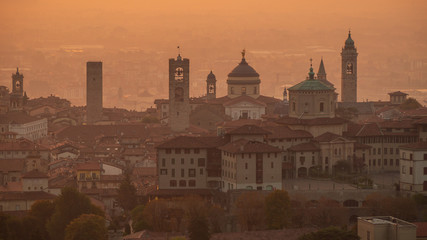 Bergamo. One of the beautiful city in Italy. Morning landscape at the old town from Saint Vigilio hill during fall season