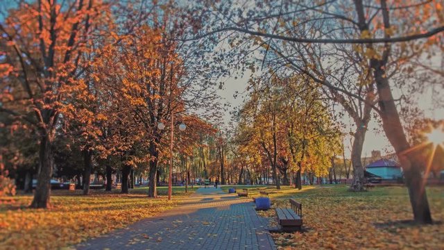 autumn timelapse of small town, fall in the city in october sunny day