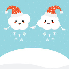 Couple of cute cartoon cloud characters in santa hats, smiling and happy, holding hands in front of winter landscape background. Vector cartoon style illustration for christmas design.
