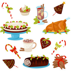 Flat vector set of traditional Christmas food and drinks. Tasty chicken for holiday dinner. Delicious desserts and hot beverages