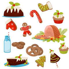 Flat vector set of Christmas food and drinks. Appetizing ham, homemade cakes, pretzels, candy cane, milk, cookies and cupcakes
