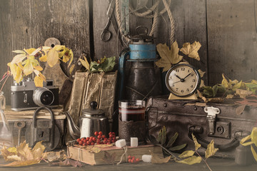  autumn still life with books, vintage suitcase. toned photo