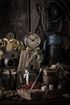  autumn still life with books, vintage suitcase. the image is ti